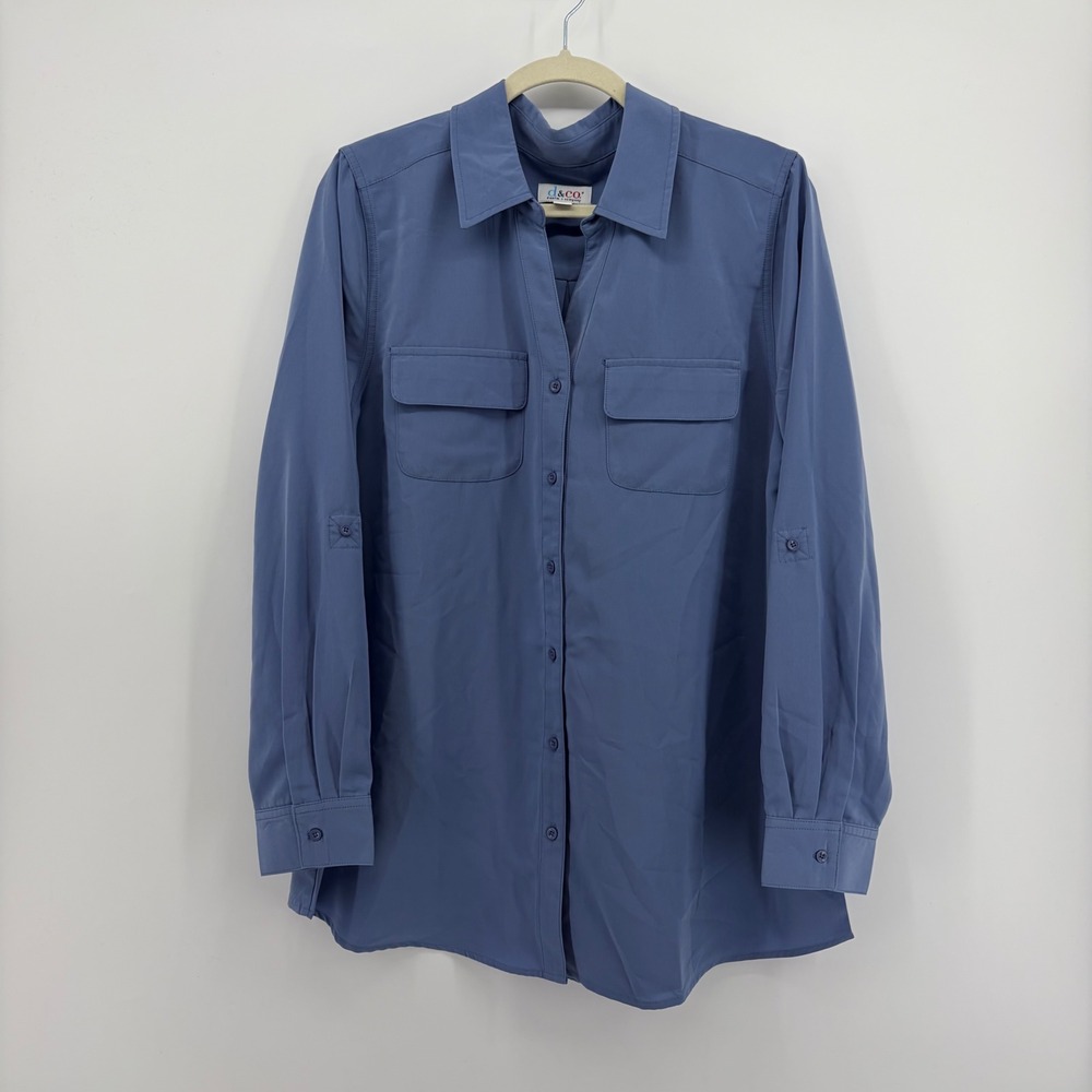 Denim & Co Womens L Blue Button Front Shirt Roll Tab Sleeve Chest Pockets